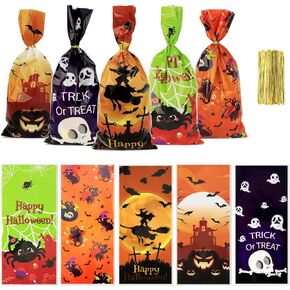 Halloween Treat Bags, Halloween Cellophane Treat Bags, 50 PCS Halloweens Candy Bag, Plastic Cello Cookie Goodies Gift Bag with 50pcs Ties for Halloweens Trick or Treat Party Favors Supplies, 4 Style in Saudi Arabia
