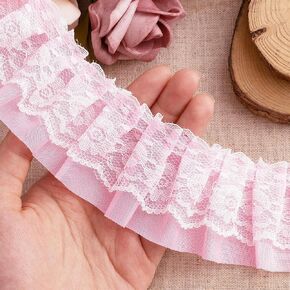 Lace Trim Ribbon, Ruffle Ribbon, 12-Yard Pink Lace Ribbon,2.0 Inch Width Pinks Ruffle Trims, Delicate Floral Pattern Ribbons for Crafts Sewing and Dress Applique Decorations, Pink in Kuwait