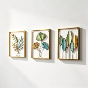 MKUN Iron Wall Sculptures - Set of 3 Diamond shaped Metal Wall Decor with Gingko Biloba Art Great for Home Hotel Decoration(Gold&Gray) in Saudi Arabia