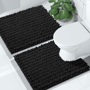 Yimobra Bathroom Rugs Sets 2 Piece, Soft Chenille Toilet Rug U-Shaped Contour and Fluffy Bath Mat Set, Non-Slip Absorbent Shower Rug Carpet for Bathroom Floor, Machine Washable, 24x17+24x20 Inch Black in Saudi Arabia
