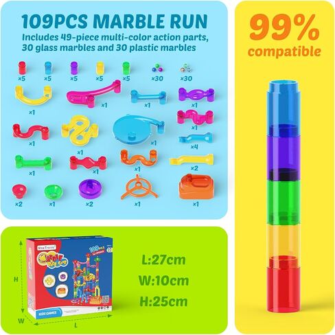 MaxTronic Marble Run Kit for Kids,Upgrade Marble Maze Kit 16mm Marbles 109pcs Building Blocks STEM Learning Toys Christmas Birthday Gift for Kids Aged 3-12 in Saudi Arabia