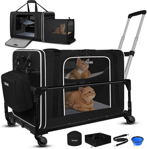 Petskd Side Expandable Extra Large Cat Carrier with Litter Box, Black in Kuwait