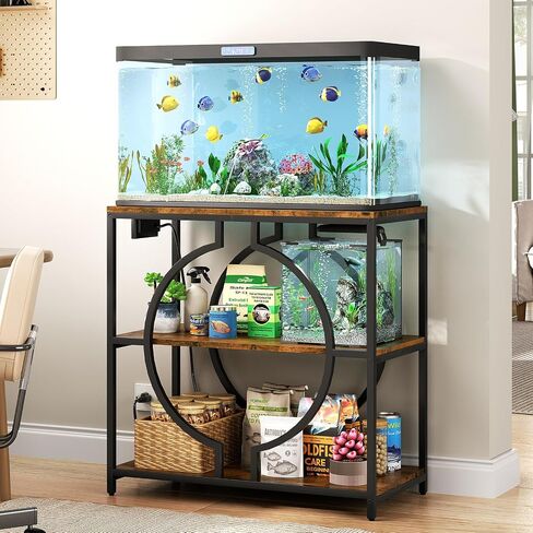HavenlyYouth 20-29 Gallon Aquarium Stand with Power Outlet, 3 Tier Heavy Duty Metal Fish Tank Stand with Storage Shelf, Fish Tank Table for Home Office, 31.5" L x 15.7" W x 31.2" H, Rustic Brown in Saudi Arabia