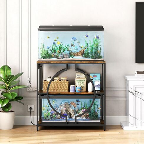 HavenlyYouth 20-29 Gallon Aquarium Stand with Power Outlet, 3 Tier Heavy Duty Metal Fish Tank Stand with Storage Shelf, Fish Tank Table for Home Office, 31.5" L x 15.7" W x 31.2" H, Rustic Brown in Saudi Arabia