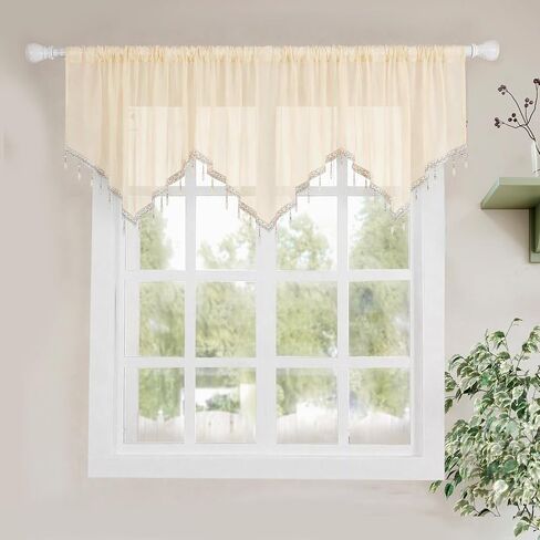 Molaxhome Lace Valance Swag Curtain 51 Inch Scalloped Sheer Curtain Panels with Crystal Beads - Rod Pocket Farmhouse Window Treatment for Kitchen Bedroom 1pc Boho Chic Drape Decor Pink in Kuwait