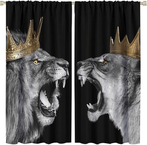 Black Lion Animal King & Queen Rod Pocket Blackout Curtains for Bedroom - Gold Crown Cool Wildlife African Wild Animal Window Drapes,Thermal Insulated Room Darkening Curtains 42x45in in Kuwait