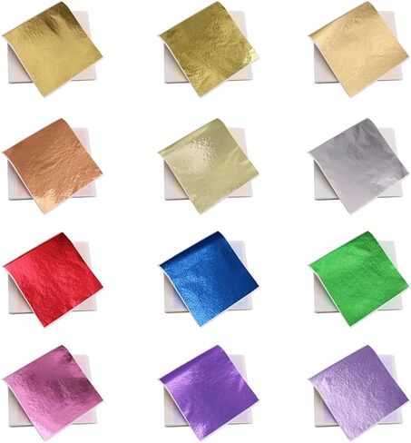 kinno 12 ألوان أوراق الذهب أوراق الذهب الورقية متعددة الألوان - 600 قطعة لزخرفة الفنون ، الحرف اليدوية ، الأثاث ، الأظافر ، اللوحات 3.15 في 3.35 بوصة in Kuwait