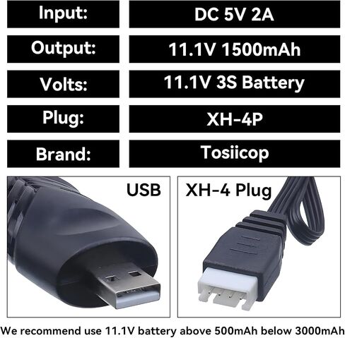 11.1V Battery Charger Airsoft - 2A 1500mAh USB Chargers with XH-4P Plug Gel Blaster 3S Lipo Battery 11.1 Volt Li-ion Batteries Chargers Cable for RC Car Boat Toy 2 Pack in Saudi Arabia