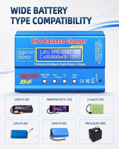 B6 Battery Balance Charger 2026 Upgraded 80W Discharger for NiMH/NiCd (1-15S) LiPo/Li-ion/Life Battery (1-6S) RC Hobby Batteries Balance Charger with AC Power Supply in Saudi Arabia