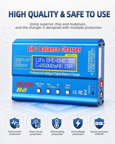 B6 Battery Balance Charger 2026 Upgraded 80W Discharger for NiMH/NiCd (1-15S) LiPo/Li-ion/Life Battery (1-6S) RC Hobby Batteries Balance Charger with AC Power Supply in Saudi Arabia