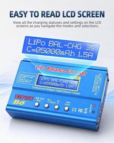 B6 Battery Balance Charger 2026 Upgraded 80W Discharger for NiMH/NiCd (1-15S) LiPo/Li-ion/Life Battery (1-6S) RC Hobby Batteries Balance Charger with AC Power Supply in Saudi Arabia