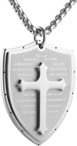 HZMAN Shield Armor of God Ephesians 6:16-17، قلادة من الفولاذ المقاوم للصدأ بصليب الإيمان in Kuwait