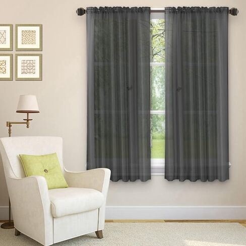 2 Pieces Solid Color Rod Pocket Sheer Window Panel Curtain Set, 54" W x 63" L Inches Each pc ( 108" X 63" Each Set), for Living Room, Bedroom, Kitchen, Backdrop, Wedding Decoration Curtain (Black) in Kuwait