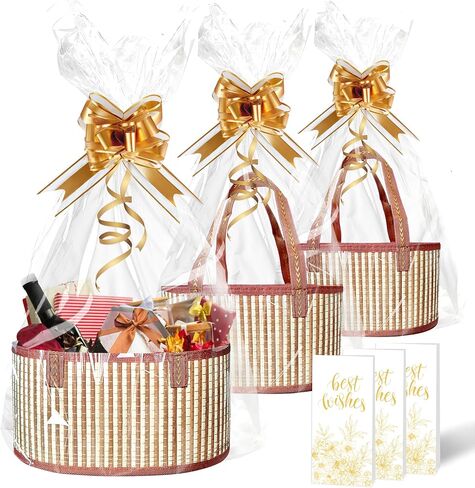 BINVASDS 3 Set Baskets for Gifts Empty, Bamboo Gifts Green Basket with Handles, Large Father's Day Empty Gift Baskets with Gold Ribbon for Fathers Day, Birthday in Saudi Arabia