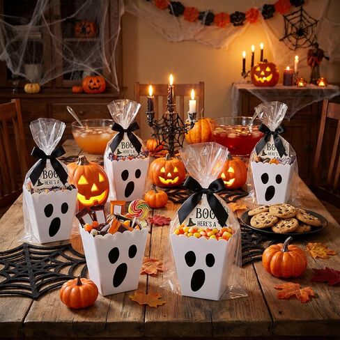 12 Sets Halloween Boo Popcorn Boxes Bulk Plastic Trick or Treat Gift Bucket in Kuwait