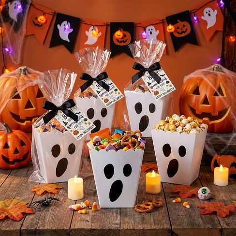 12 Sets Halloween Boo Popcorn Boxes Bulk Plastic Trick or Treat Gift Bucket in Kuwait