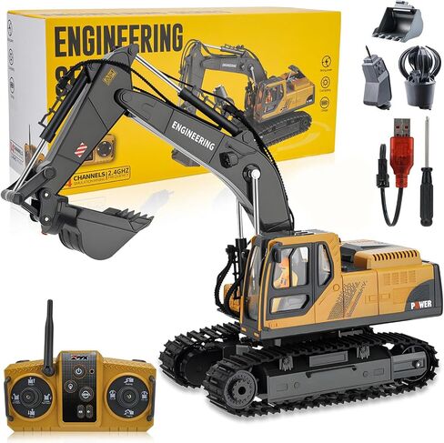 RC Excavator Toy for Boys 3-12, 3-in-1 Bucket/Claw/Drill, 2.4GHz 14 Channel Construction Truck with 680°Rotating, LED Lights/Realistic Sounds, Durable Engineering Vehicle Gift for Boys in Kuwait