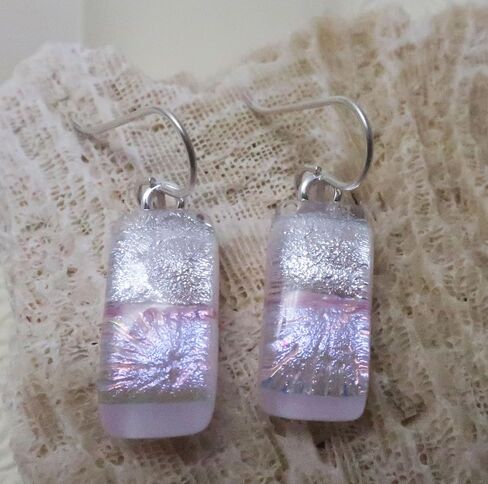 Dainty Pink on Pink Fused Dichroic Glass Sterling Silver Dangle Earrings N111 in Kuwait