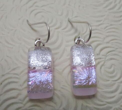 Dainty Pink on Pink Fused Dichroic Glass Sterling Silver Dangle Earrings N111 in Kuwait