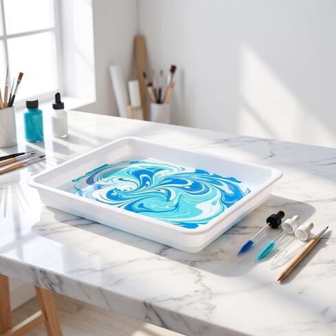 SEWACC 4pcs Plastic Water Marbling Painting Tray White Rectangular Plastic Palette with Smooth Flat Surface for Watercolor Mixing and Painting Accessories, for Art Classes and Group Art in Kuwait