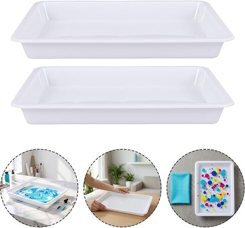 SEWACC 4pcs Plastic Water Marbling Painting Tray White Rectangular Plastic Palette with Smooth Flat Surface for Watercolor Mixing and Painting Accessories, for Art Classes and Group Art in Kuwait