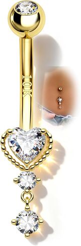 COCHARM 10k الذهب الأصفر حلقات زر البطن المتدلية 14G القلب الذهب خواتم البطن للنساء واضح تشيكوسلوفاكيا الذهب البطن السرة ثقب المجوهرات in Kuwait