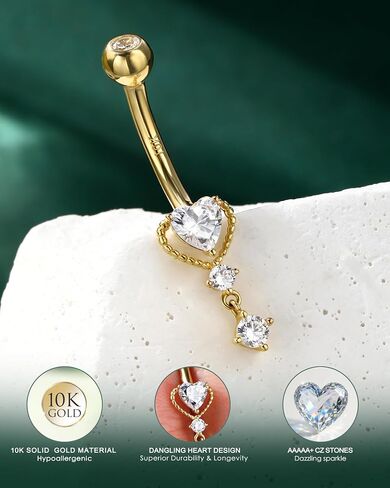 COCHARM 10k الذهب الأصفر حلقات زر البطن المتدلية 14G القلب الذهب خواتم البطن للنساء واضح تشيكوسلوفاكيا الذهب البطن السرة ثقب المجوهرات in Kuwait