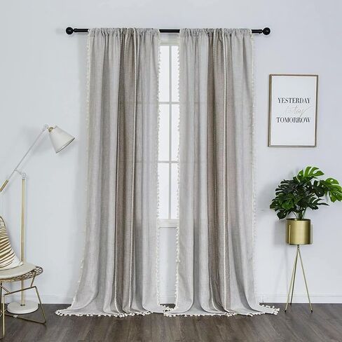 Amidoudou 2 Panels Set 96 Inches Long Cotton Linen Boho Curtains with Tassel, Farmhouse Plaid Curtains for Bedroom Living Room (Tan,2 x 54 x 96 Inch) in Kuwait