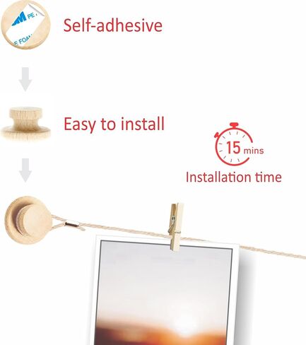 BIZYAC Hanging Photo Display Room Wall Decor - Sculptural Picture Frames Collage - 5 Strings with 30 Clips - 3M Self Adhesive Hooks - No Holes Drilling - 30 x 30 inch in Saudi Arabia