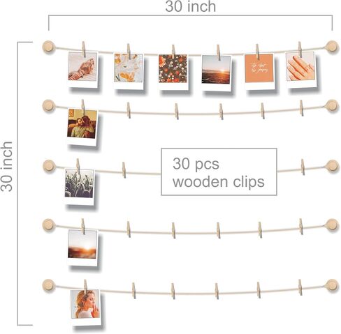BIZYAC Hanging Photo Display Room Wall Decor - Sculptural Picture Frames Collage - 5 Strings with 30 Clips - 3M Self Adhesive Hooks - No Holes Drilling - 30 x 30 inch in Saudi Arabia