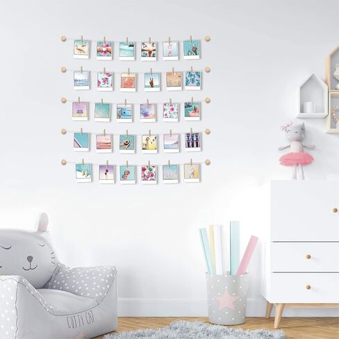BIZYAC Hanging Photo Display Room Wall Decor - Sculptural Picture Frames Collage - 5 Strings with 30 Clips - 3M Self Adhesive Hooks - No Holes Drilling - 30 x 30 inch in Saudi Arabia