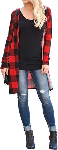 Lacozy Women's Open Front Long Cardigan Draped Snap Buffalo Plaid Shirt Kimono Cardigan Knit Sweater in Kuwait