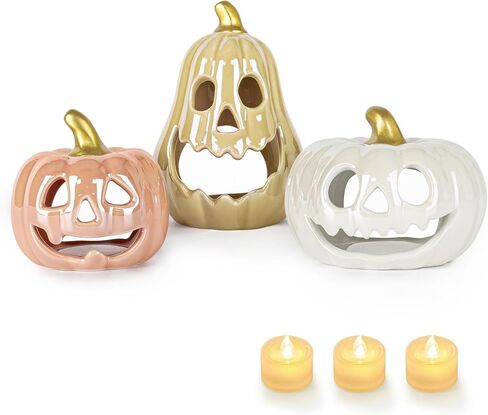 Sunlit Ceramic Ghost with 3 Tea Lights, Spooky Candle Holder Set of 3, Tabletop Indoor Halloween Decorations for Holiday Party Home, Spooky Sculptures Ghost Figurines, White in Saudi Arabia