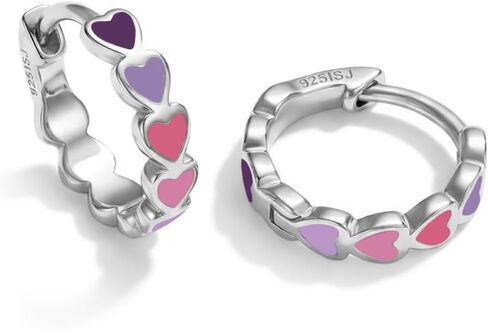 925 Sterling Silver Tiny Enamel Heart Huggie Hoop Earrings For Girls - Small Multicolored Heart Themed Hoops For Sweet Little Girls - Lovely Enamel Heart Earrings For Girls in Kuwait
