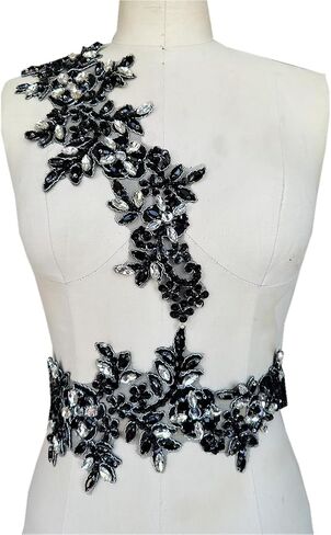 Handmade Rhinestones on lace Applique Sewing Beads Sequins Trim Patches for Wedding Dress Accessories 1 Pair/Bag (Silver) in Saudi Arabia