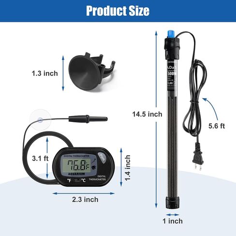 DaToo 500W Aquarium Heater Submersible 500Watt Fish Tank Heater Adjustable Thermostat with 2 Suction Cups and A Free Digital Thermometer for Marine Saltwater and Freshwater in Saudi Arabia
