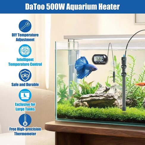 DaToo 500W Aquarium Heater Submersible 500Watt Fish Tank Heater Adjustable Thermostat with 2 Suction Cups and A Free Digital Thermometer for Marine Saltwater and Freshwater in Saudi Arabia