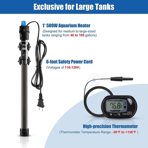 DaToo 500W Aquarium Heater Submersible 500Watt Fish Tank Heater Adjustable Thermostat with 2 Suction Cups and A Free Digital Thermometer for Marine Saltwater and Freshwater in Saudi Arabia