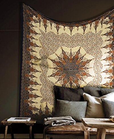 Popular Handicrafts Tapestry Wall Hanging Hippie Mandala Bohemian Hippy Intricate Geometric Floral Design Indian Tapestries Bedspread 84x90 Inches,(215cm x 230cm) Brown Black in Saudi Arabia