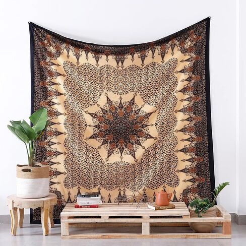 Popular Handicrafts Tapestry Wall Hanging Hippie Mandala Bohemian Hippy Intricate Geometric Floral Design Indian Tapestries Bedspread 84x90 Inches,(215cm x 230cm) Brown Black in Saudi Arabia