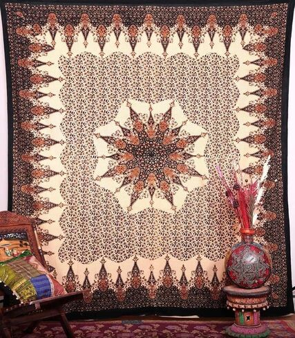 Popular Handicrafts Tapestry Wall Hanging Hippie Mandala Bohemian Hippy Intricate Geometric Floral Design Indian Tapestries Bedspread 84x90 Inches,(215cm x 230cm) Brown Black in Saudi Arabia