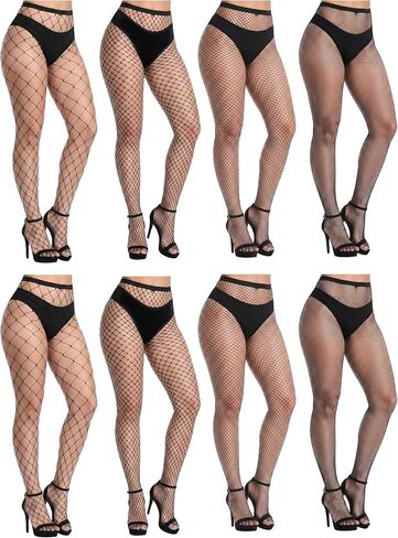 Buauty 8 PCS Black Fishnet Stockings For Women, Thigh Hight Fishnet Tights, Ladies Fish Net Tights Plus Size One Size Fit All in Kuwait