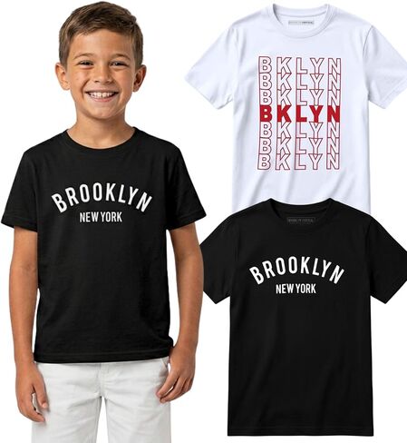 BROOKLYN VERTICAL 2-Pack Boys Short Sleeve Crew Neck T-Shirt with Chest Print | Soft Cotton Graphic Tees in Kuwait