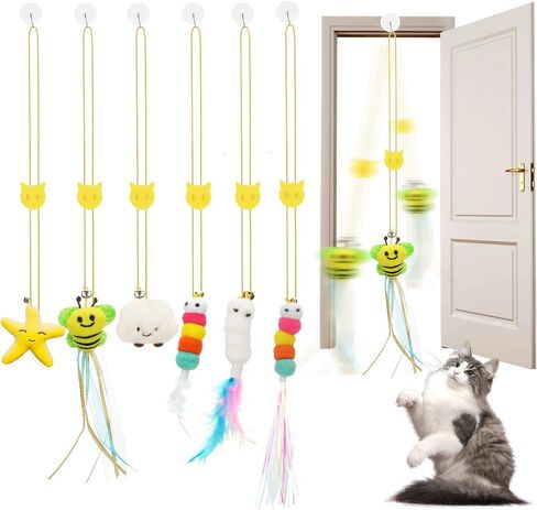 JIARON 6 PCS Interactive Cat Feather Toys, Indoor Hanging Retractable Cat Toy, Self Play Toys Make Fun Excecise in Kuwait
