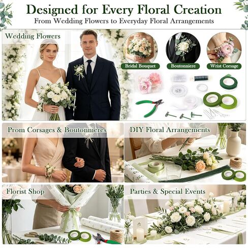 Floral Tape and Floral Wire Kit with Pearl Wrist Corsage Bands, Clear Plastic Corsage Boxes, Corsage Pins, Floral Arrangement Corsage Making Kit for DIY Crafts, Wedding Bouquets, Florist Making in Saudi Arabia