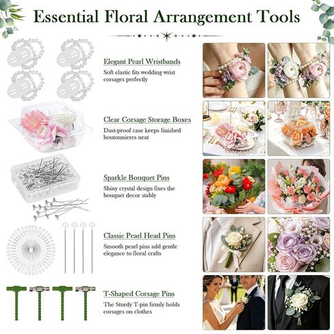 Floral Tape and Floral Wire Kit with Pearl Wrist Corsage Bands, Clear Plastic Corsage Boxes, Corsage Pins, Floral Arrangement Corsage Making Kit for DIY Crafts, Wedding Bouquets, Florist Making in Saudi Arabia