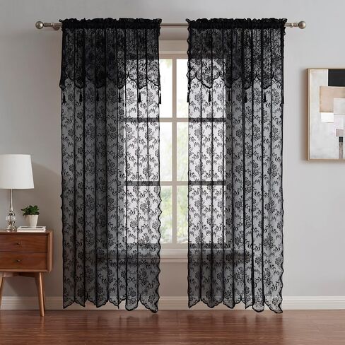 LINENZONE Pair of 2 Lace Curtain Panels with Attached Valance and 6 Tassels. Our 63 Inch Curtains Work Great as Lace Curtains, Living Room Curtains or Bedroom Curtains. (Mia 54 x 63, Linen) in Kuwait
