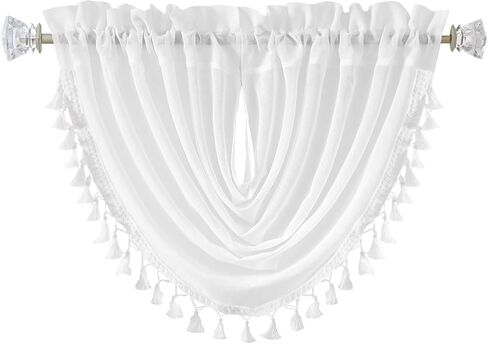 Central Park White Solid Waterfall Valance Window Curtain Linen Texture Rod Pocket with Tassel Accessories for Living and Bedroom Semi Sheer Kitchen Curtain, 56"x38", 1 Piece in Kuwait