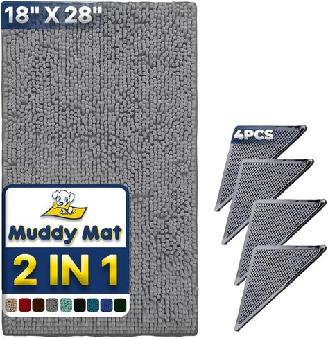 Muddy Mat® | سجادة باب من الألياف الدقيقة الماصة من قماش شانيل باللون البيج مقاس 48.26 سم × 76.2 سم مع وسادة زاوية شديدة التحمل غير قابلة للانزلاق (عبوة من 4 قطع) - وسادة لاصقة مزدوجة الجوانب للزوايا - مجموعة حماية فائقة للأرضية in Kuwait