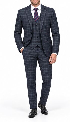 Cloudstyle Mens 3 Piece Slim fit Checked Suit Blue/Black Single Breasted Vintage Suits in Kuwait